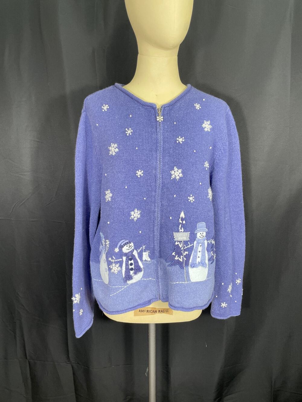 Vintage Holiday Christmas Sweater Croft Barrow Periwinkle Blue Cardigan Snowmen